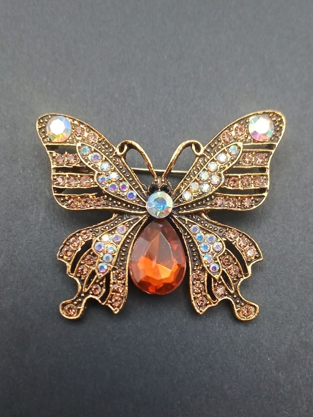 Butterfly Crystal Brooch with Amber Teardrop Fashion Jewelry